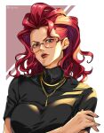  1girl black_shirt black_sweater blue_eyes breasts capcom casual chain commentary_request crimson_viper glasses gold_chain gold_necklace grey_eyes hair_pulled_back hair_slicked_back highres jewelry kibicha large_breasts lips lipstick long_hair looking_at_viewer makeup mature_female nail_polish necklace purple_nails red_hair red_lips red_nails shirt short_sleeves solo street_fighter street_fighter_6 sweater tinted_eyewear turtleneck turtleneck_sweater twitter_username upper_body yellow-framed_eyewear 