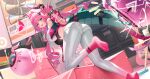  1girl aqua_hair arknights arknights:_endfield ass black_horns blue_eyes breasts commentary_request crop_top dragon_girl dragon_horn dragon_horns dragon_tail drone electric_guitar gloves guitar hair_intakes highres horns instrument jacket large_breasts leg_warmers long_hair multicolored_hair multicolored_horns open_mouth pants pink_gloves pink_hair pink_horns pink_jacket pink_leg_warmers smile solo tail two-tone_hair two-tone_horns very_long_hair white_pants yvonne_(arknights) zayur 