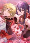  2boys :p blonde_hair bow box brown_eyes buttons candy cherry chocolate closed_mouth collared_jacket commentary_request cookie double-breasted ensemble_stars! finger_ribbon finger_to_mouth food fruit glint gold_necklace gold_trim hair_between_eyes hakaze_kaoru head_tilt heart heart-shaped_box heart-shaped_chocolate heart-shaped_cookie heart-shaped_food highres holding holding_spoon idol implied_yaoi jacket jewelry kanzaki_souma kaoso long_hair long_sleeves looking_at_viewer male_focus motoyui multiple_boys necklace official_alternate_costume pankou parfait ponytail purple_eyes purple_hair purple_shirt red_bow red_jacket red_ribbon ribbon shirt sidelocks smile spoon strawberry strawberry_parfait strawberry_slice string string_of_fate tongue tongue_out upper_body v-shaped_eyebrows valentine whipped_cream white_shirt wolf_cut 