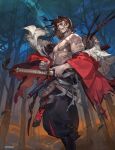  1boy armor black_pants brown_hair commentary_request copyright_logo drawing_sword eiketsu_taisen facial_hair fighting_stance floating_hair forest from_below fur_trim holding holding_sword holding_weapon japanese_armor japanese_clothes katana kimono_partially_removed logo mature_male medium_hair milky_way multiple_swords muscular muscular_male nature night outdoors pants ready_to_draw scar sega sky so-taro solo star_(sky) sword takeda_nobutora thick_eyebrows tree weapon 