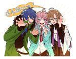  3boys :d ahoge amemura_ramuda antenna_hair arisugawa_dice asymmetrical_hair belt black_belt black_capelet black_pants black_shirt blue_coat blue_eyes blue_hair blush blush_stickers brown_hair capelet claw_pose coat collared_shirt colored_speech_bubble commentary_request cowlick cropped_legs crossed_bangs curtained_hair fang fingernails fling_posse fur-trimmed_coat fur_trim green_coat green_eyes grey_hakama group_picture hair_between_eyes hair_ornament hakama hand_up hands_up happy_aura heads_together highres hood hooded_coat hunched_over hypnosis_mic index_finger_raised japanese_clothes kimono layered_capelet legs_apart long_hair long_sleeves looking_at_viewer male_focus mandarin_collar multiple_boys neck_ribbon obijime open_clothes open_coat open_mouth outline p4cnoo pants parted_bangs pink_hair purple_capelet purple_eyes red_ribbon ribbon shirt short_hair short_hair_with_long_locks side-by-side sidelocks simple_background slouching smile sparkle speech_bubble suspenders_hanging teeth translation_request upper_teeth_only v-shaped_eyebrows white_background white_kimono white_outline white_pants white_shirt yumeno_gentaro 