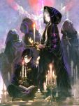  1boy 1girl 3others absurdres black_hair black_robe book book_stack candle commentary corruption dark_persona evil_smile eyes_of_grima female_robin_(fire_emblem) female_robin_(grima)_(fire_emblem) fire_emblem fire_emblem_awakening highres hood hood_up hooded_robe lkppp long_sleeves looking_at_viewer male_morgan_(fire_emblem) mother_and_son multiple_others possessed red_eyes robe short_hair sitting smile standing untranslatable_commentary 