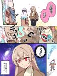  2girls :d ^_^ absurdres black_pants blue_bow blue_streaks bow box brown_coat brown_jacket closed_eyes closed_mouth clothes_grab coat colored_speech_bubble commentary_request double-parted_bangs forced_kiss frown furen_e_lustario gift gift_box grey_hair hair_between_eyes hair_bow half_updo heart-shaped_box highres jacket jacket_grab kiss kissing_cheek kougi_hiroshi lipstick_mark lipstick_mark_on_face lize_helesta meme motion_lines multicolored_hair multiple_girls nijisanji no_pupils open_clothes open_jacket open_mouth pants red_eyes sidelocks smile space_cat_(meme) speech_bubble speed_lines streaked_hair sweater throwing valentine virtual_youtuber yellow_sweater yuri 