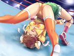  boots breasts brown_hair bun_cover closed_eyes digdug006 double_bun kanamori_reiko legs leotard medium_breasts multiple_girls open_mouth orange_legwear skirt suplex sweat thigh_boots thighhighs wrestle_angels wrestle_angels_survivor wrestle_angels_survivor_2 wrestling wrestling_outfit yellow_leotard yuuki_chigusa 