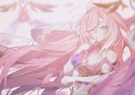  1girl ;) absurdly_long_hair absurdres bare_shoulders bell breasts chinese_commentary commentary_request corset diamond-shaped_pupils diamond_(shape) elf elysia_(herrscher_of_human:_ego)_(honkai_impact) elysia_(honkai_impact) ermiao936 gloves highres honkai_(series) honkai_impact_3rd large_breasts long_hair looking_at_viewer multicolored_hair one_eye_closed pink_hair pointy_ears purple_eyes smile solo symbol-shaped_pupils triquetra two-tone_hair very_long_hair white_corset white_gloves white_hair 