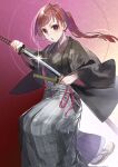 1girl :o alternate_costume antenna_hair black_kimono brown_hair commentary_request commission enda_ada glint grey_hakama hakama haori highres holding holding_sheath holding_sword holding_weapon iaidou idolmaster idolmaster_cinderella_girls japanese_clothes katana kimono long_hair ponytail red_eyes samurai second-party_source sheath sheathing solo sword tsujino_akari weapon 