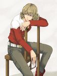  bad_id bad_pixiv_id barnaby_brooks_jr belt blonde_hair blue_eyes boots chair frame glasses jacket jewelry male_focus merryluce necklace red_jacket sitting sitting_backwards solo studded_belt tiger_&amp;_bunny 