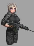  1girl absurdres black_hoodie black_pants breasts brown_gloves chance8000 closed_mouth commentary commission cropped_legs english_commentary gloves grey_background grey_hair grey_hoodie gun highres holding holding_gun holding_weapon hood hood_down hoodie large_breasts light_machine_gun looking_at_viewer machine_gun original pants parted_hair purple_eyes rpl-20 short_hair simple_background smile solo taut_clothes two-tone_hoodie weapon 