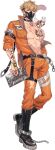  1boy abs animal animal_on_shoulder arm_belt arm_tattoo bags_under_eyes bandaged_arm bandaged_leg bandages bare_pectorals belt black_belt black_boots black_choker black_mask blonde_hair boots bracelet chain chest_tattoo choker clothed_animal collarbone covered_mouth cuffs ermine gem hand_in_pocket handcuffs highres holding infinity_alpha_studio jacket jewelry jumpsuit large_pectorals looking_at_viewer male_focus mask mouth_mask muscular muscular_male navel necklace nipples nu_carnival official_alternate_costume official_art open_clothes open_jacket orange_eyes orange_jacket orange_jumpsuit orange_pants pants pectorals quincy_(nu_carnival) quincy_(shackled_thug)_(nu_carnival) scar scar_on_chest short_hair sleeve_rolled_up solo tattoo thigh_strap topper_(nu_carnival) weasel yellow_gem zipper 