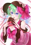  1girl alternate_costume black_hat blue_eyes blush bow breasts brown_hat chocolate chocolate_on_body cleavage cleavage_cutout clothing_cutout commentary_request detached_sleeves eyeball food-themed_clothes food_on_body frilled_sleeves frills green_hair hair_ornament hat hat_bow heart heart-shaped_pupils heart_hair_ornament heart_of_string highres komeiji_koishi large_breasts looking_at_viewer open_mouth pink_shirt pink_skirt purin_seijyaku2 shirt skirt sleeveless sleeveless_shirt solo symbol-shaped_pupils teeth third_eye touhou upper_teeth_only wide_sleeves 