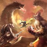  battle canine dragon fantasy feral fight group hi_res male mammal nejita polearm sword weapon 