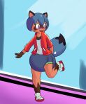 2020 abstract_background anthro big_diaper blue_eyes blue_hair blush bottomwear brand_new_animal canid canine clothed clothing diaper diaper_bulge diaper_puff diaper_under_clothing digital_media_(artwork) dipstick_tail embarrassed facial_markings female flat_chested footwear frown full-length_portrait gloves_(marking) hair head_markings hi_res jacket leg_markings looking_back maeesthetic mammal markings mask_(marking) michiru_kagemori on_one_leg one_fang open_frown open_mouth orange_body portrait raccoon_dog shirt shoes short_hair shorts shy sneakers socks_(marking) solo standing studio_trigger tail tail_markings tanuki topwear touching_diaper unavailable_at_source wearing_diaper