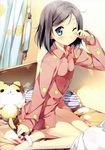  absurdres bad_id bad_yandere_id barefoot bed black_hair blue_eyes blush cat flat_chest hentai_ouji_to_warawanai_neko. highres kantoku no_pants one_eye_closed pajamas panties paw_print pillow rubbing_eyes short_hair sitting solo stuffed_animal stuffed_toy tsutsukakushi_tsukiko underwear white_panties yokozuwari 