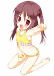  arm_up armpits barefoot bikini brown_eyes brown_hair child fang full_body hair_bobbles hair_ornament index_finger_raised kneeling meito_(maze) open_mouth original pointing scrunchie solo swimsuit 
