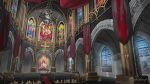  altar arch arched_window architecture banner candelabra candle candlestand carpet cathedral chandelier church commentary crack cracked_wall cross cross_bottony english_commentary general_geega general_geega_(templar) gothic_architecture indoors latin_cross no_humans official_art pew railing scenery signature stained_glass vshojo window yunny_(cureyunny) 