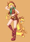  apple applejack belt belt_buckle blonde_hair boots buckle cowboy_hat dual_persona food freckles fringe_trim fruit gloves green_eyes hand_on_headwear hand_on_hip hat holding long_hair low-tied_long_hair midriff my_little_pony my_little_pony_friendship_is_magic orange_background personification ponytail shirt shorts tied_shirt vest western wong_ying_chee 