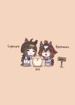  2girls absurdres ahoge animal animal_ears braid brown_background brown_hair chokueji commentary_request dog epiphaneia_(umamusume) hair_between_eyes hairband highres horse_ears horse_girl logotype_(umamusume) long_hair long_sleeves multicolored_hair multiple_girls open_mouth pet school_uniform simple_background smile tracen_school_uniform umamusume white_hair 