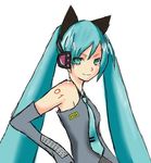  1girl animal_ears aqua_eyes aqua_hair bare_shoulders cat_ears female hatsune_miku koshochka long_hair looking_at_viewer matching_hair/eyes necktie simple_background solo tattoo transparent_background twintails vocaloid 