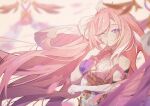  1girl ;) absurdly_long_hair absurdres bare_shoulders bell breasts chinese_commentary commentary_request corset diamond-shaped_pupils diamond_(shape) elf elysia_(herrscher_of_human:_ego)_(honkai_impact) elysia_(honkai_impact) ermiao936 gloves highres honkai_(series) honkai_impact_3rd large_breasts long_hair looking_at_viewer multicolored_hair one_eye_closed pink_hair pointy_ears purple_eyes smile solo symbol-shaped_pupils triquetra two-tone_hair very_long_hair white_corset white_gloves white_hair 
