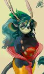 2020 3:5 anthro antlers big_breasts biped breasts cleavage clothed clothing digital_media_(artwork) digital_painting_(artwork) female female_anthro glitzy green_hair hair hi_res horn hybrid markings mighty-whydah painting_(artwork) robe scale_markings scales simple_background solo standing tail