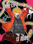  1boy ^_^ ahoge bandaid bandaid_on_cheek bandaid_on_face black_pants black_shoes blonde_hair blue_bow blue_bowtie blue_necktie bow bowtie cardigan closed_eyes closed_mouth collared_shirt commentary ego_renegade_boy_(vocaloid) english_commentary english_text flag full_body highres holding holding_flag jacket kagamine_len male_focus mirror necktie orange_jacket pants parti-poppers shirt shoes solo teeth transgender_flag vocaloid 