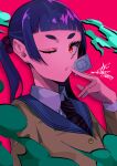  1girl absurdres animage ao_no_exorcist blunt_bangs commentary dated hair_ornament hand_up highres holding holding_paper kamiki_izumo long_hair long_sleeves looking_at_viewer necktie one_eye_closed open_mouth paper pink_background purple_hair red_eyes say_ga_paint school_uniform shirt short_eyebrows signature solo striped_clothes striped_necktie sweater thick_eyebrows twintails untranslatable_commentary white_shirt yellow_sweater 