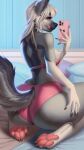2023 9:16 anthro apple_inc. artist_name bed biped black_claws bottomwear bra breasts butt canid canine canis cellphone claws clothed clothed_anthro clothed_female clothing electronics eyelashes feet female female_anthro fully_clothed fully_clothed_anthro fully_clothed_female fur furgonomic_bottomwear furgonomics furniture grey_body grey_fur grey_tail hair hi_res hindpaw holding_object holding_phone humanoid_hands inside iphone kneeling licking licking_lips makeup mammal mascara mirror_selfie mouth_closed on_bed orange_eyes panties pawpads paws phone piercing pink_clothing pink_pawpads pink_underwear pointy_ears presenting presenting_hindquarters prick_ears rear_view seiza selfie signature sitting smartphone snout solo tail text tongue tongue_out underwear va_art white_body white_fur white_hair wolf