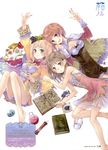  :d absurdres atelier_(series) atelier_meruru atelier_rorona atelier_totori bare_legs bare_shoulders barefoot beaker blonde_hair bloomers blue_eyes blush book bow breasts brown_eyes brown_hair cape cleavage dress flat_chest flower food fruit highres kishida_mel long_hair looking_at_viewer lying medium_breasts merurulince_rede_arls multiple_girls official_art on_back on_side open_mouth outstretched_arm red_bow rororina_fryxell short_dress smile test_tube totooria_helmold underwear 
