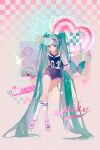  1girl absurdres aqua_butterfly aqua_eyes aqua_hair aqua_nails bandaid bandaid_on_cheek bandaid_on_face baseball_bat baseball_jersey baseball_mitt character_name checkered_background chinese_commentary commentary_request crossed_legs full_body gradient_background hand_on_own_hip hatsune_miku heart highres jersey light_blush long_hair looking_at_viewer nail_polish pink_shoes pixelated shoes socks solo sportswear twintails very_long_hair visor_cap vocaloid watermark watermark_grid white_socks xiaoyingjiang 