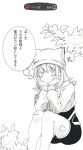  1girl :< animal_ear_headwear animal_hat arknights arknights:_endfield bandaid bandaid_on_cheek bandaid_on_face cat_girl cat_hat commentary_request dot_nose estella_(arknights) flower gauze gauze_on_knee gauze_on_leg greyscale hands_on_own_chin hat hat_with_ears head_rest highres ichiya_refi invisible_chair long_sleeves looking_at_viewer medium_hair monochrome shrug_(clothing) simple_background sitting solo speech_bubble thought_bubble user_interface white_background 