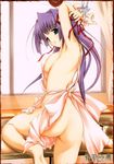  apron armpits arms_up ass blush breasts duplicate green_eyes kuramori_yui long_hair mature mehime_no_toriko naked_apron niplees nipples no_bra no_panties orimiya_mai panties purple_hair ribbon sexy sideboob solo underwear 