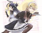  2girls absurdres apron arm_behind_back bare_shoulders black_dress black_hair blonde_hair breasts cake darture_(girls'_frontline_2) dress english_commentary expressionless food food_in_mouth fork frilled_dress frills from_side girls'_frontline girls'_frontline_2:_exilium green_eyes grin hair_bun hair_ornament hairclip half-closed_eyes hand_up heart heart_background highres holding holding_cake holding_food holding_fork holding_tray leaning_forward long_hair looking_at_viewer lotan maid_headdress medium_breasts medium_hair monocle multiple_girls ponytail sextans_(girls'_frontline_2) small_breasts smile tray very_long_hair waist_apron white_apron yellow_eyes 