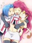  1boy 1girl ^_^ black_thighhighs blue_hair closed_eyes clothes_writing commentary_request crop_top hair_down hug james_(pokemon) jessie_(pokemon) long_hair maruki_(punchiki) meowth midriff miniskirt navel one_eye_closed out_of_character pink_hair pokemon pokemon_(anime) pokemon_(creature) pokemon_dppt_(anime) skirt team_rocket team_rocket_uniform thigh_gap thighhighs translated very_long_hair zettai_ryouiki 