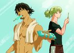  alternate_hairstyle barnaby_brooks_jr blonde_hair brown_eyes brown_hair cellphone facial_hair food green_eyes highres kaburagi_t_kotetsu licht male_focus mouth_hold multiple_boys phone ponytail popsicle shirtless stubble sweat tiger_&amp;_bunny towel 