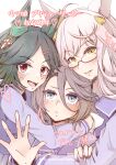  3girls ahoge animal_ears bandaid bandaid_on_cheek bandaid_on_face biwa_hayahide_(umamusume) black_hair blue_eyes blush bnw_(umamusume) bow bowtie brown_hair commentary_request glasses grey_hair hair_between_eyes hair_ornament hairclip highres horse_ears horse_girl hug long_hair multiple_girls narita_taishin_(umamusume) open_mouth parted_lips purple_sailor_collar purple_serafuku purple_shirt purple_skirt red-framed_eyewear red_eyes sailor_collar sailor_shirt school_uniform semi-rimless_eyewear serafuku shirt short_hair skirt smile swept_bangs tracen_school_uniform umamusume under-rim_eyewear white_bow white_bowtie winning_ticket_(umamusume) yellow_eyes youai_you 