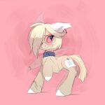 1:1 2024 azzai bangs bat_pony blonde_hair blue_collar blue_eyes collar colored cute_fangs digital_drawing_(artwork) digital_media_(artwork) ear_piercing equid eyewear fangs female feral fur glasses hair hasbro hooves leg_scar looking_back mammal medium_hair medium_tail membrane_(anatomy) membranous_wings my_little_pony piercing pink_background pink_eyewear pink_glasses pink_sunglasses round_glasses scar shaded side_view simple_background solo standing sunglasses tan_body tan_fur teeth torn_wing wearing_glasses white_ears white_hooves wings