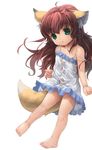  :&lt; aimme_renard animal_ears barefoot brown_hair dress feet fox_ears green_eyes highres long_hair ohiensis original solo strap_slip tail 