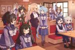  6+girls \m/ ^^^ animal_ears apron arm_up bag bamboo_memory_(umamusume) black_apron black_hair black_jacket black_pants black_shoes black_vest blonde_hair blue_eyes blue_hair blunt_bangs blush bow bowtie breasts brown_shoes closed_eyes commentary_request cup daiichi_ruby_(umamusume) daitaku_helios_(umamusume) drill_hair drink ear_covers ear_ornament fang finger_to_mouth furrowed_brow grey_hair hair_bow hair_ornament hairclip happy_meek_(umamusume) holding holding_bag holding_cup horse_ears horse_girl horse_tail indoors ines_fujin_(umamusume) jacket k.s.miracle_(umamusume) kiryuin_aoi kudach_i lamp large_breasts long_hair long_sleeves looking_at_another multicolored_hair multiple_girls nijisanji nui_sociere orange_eyes orange_hair pants pleated_skirt purple_eyes purple_shirt purple_skirt red_bow restaurant school_bag school_uniform shirt shoes short_hair shushing side_drill side_ponytail sitting skin_fang skirt smile sparkle standing streaked_hair swept_bangs table tail tracen_school_uniform twintails umamusume v-shaped_eyebrows very_long_hair vest virtual_youtuber waitress white_bow white_bowtie white_hair white_shirt winter_uniform yamanin_zephyr_(umamusume) 
