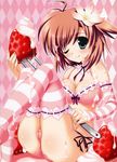  ;p absurdres ariko_youichi blue_eyes bra breasts brown_hair cameltoe choker cleavage cream detached_sleeves eating flower food fork fruit hair_flower hair_ornament highres holding holding_food holding_fork holding_fruit licking lingerie medium_breasts nakahara_kaede one_eye_closed oversized_object panties pink_legwear short_hair side-tie_panties solo source_request strawberry striped striped_legwear thighhighs tongue tongue_out trouble@spiral! underwear white_legwear 