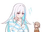  2girls :> ? blue_hair blue_hoodie blue_streaks blush braid brown_hair closed_mouth colored_inner_hair commentary_request crown_braid furen_e_lustario hair_flaps hair_intakes half-closed_eyes highres hood hoodie kougi_hiroshi lize_helesta long_sleeves looking_at_another multicolored_hair multiple_girls nijisanji purple_eyes simple_background smelling smelling_hair smile solo_focus streaked_hair striped_clothes striped_hoodie translation_request virtual_youtuber white_background white_hair yuri 