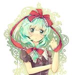  blush bow frills front_ponytail green_eyes green_hair hair_bow highres kagiyama_hina ribbon rl solo touhou upper_body 