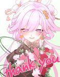  1girl absurdres blush bouquet commentary_request earrings elysia_(hi_love_elf)_(honkai_impact) elysia_(honkai_impact) elysia_(lunar_grace)_(honkai_impact) english_text hair_ornament highres holding holding_bouquet honkai_(series) honkai_impact_3rd jewelry long_hair looking_at_viewer official_alternate_costume open_mouth pink_hair pointy_ears purple_eyes satoyukitowa shuangyaji smile solo 