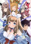  +_+ 6+girls ahoge almond_eye_(the_changer)_(umamusume) almond_eye_(umamusume) animal_ears blast_onepiece_(umamusume) blue_eyes blue_gloves blunt_bangs blush bow_hairband braid braided_sidelocks breasts brown_hair chrono_genesis_(umamusume) cleavage closed_eyes closed_mouth collarbone colored_inner_hair commentary_request curren_bouquetd'or_(umamusume) detached_sleeves ear_covers english_text fingerless_gloves gloves gran_alegria_(umamusume) grey_eyes grey_hair hair_between_eyes hair_ornament hairband hairclip heart heart_hands highres horse_ears horse_girl long_braid long_hair looking_at_viewer loves_only_you_(9927_wishes)_(umamusume) loves_only_you_(umamusume) low_twin_braids lucky_lilac_(umamusume) mismatched_ear_covers multicolored_hair multiple_girls one_eye_closed open_mouth peeking_out purple_eyes red_button red_hair shuten_(shutehaan) simple_background small_breasts smile streaked_hair symbol-shaped_pupils twin_braids umamusume white_hairband white_streaks x-shaped_pupils x_hair_ornament yellow_eyes 