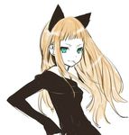 animal_ears aqua_eyes bangs black_shirt blonde_hair cat_ears female koshochka long_hair shirt solo 