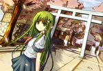  alternate_costume cherry_blossoms dutch_angle frog_hair_ornament green_eyes green_hair hair_ornament kochiya_sanae long_hair petals school_uniform serafuku shrine signature smile snake_hair_ornament solo stk stone_torii torii touhou tree 