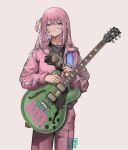  1girl absurdres bandaid bandaid_on_face black_shirt blue_eyes bocchi_the_rock! chain chain_necklace commentary_request cowboy_shot cube_hair_ornament electric_guitar gas_mask gibson_les_paul gilmuk gotoh_hitori grey_background guitar guitar_strap hair_between_eyes hair_ornament highres holding holding_plectrum instrument jacket jewelry long_hair long_sleeves looking_at_viewer mask necklace pants parted_lips pink_hair pink_jacket pink_pants plectrum shirt simple_background sleeve_cuffs solo standing track_jacket track_pants unworn_mask 