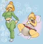 2025 animal_crossing anthro baby_bottle blonde_hair bodily_fluids canid canine canis clothed clothing diaper diaper_under_clothing diaper_under_skirt digital_drawing_(artwork) digital_media_(artwork) domestic_dog eggddemon feces female footwear fur genital_fluids hair hi_res isabelle_(animal_crossing) looking_at_viewer lying mammal nintendo on_back one_eye_closed pajamas pillow shih_tzu simple_background socks soiled_diaper solo tail tail_motion tailwag toy_dog unclean_diaper urine used_diaper wearing_diaper wet_diaper yellow_body yellow_fur