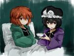  2others androgynous aqua_background black_hair black_hat black_shirt bowl closed_mouth collarbone collared_shirt detached_hood dot_nose expressionless frilled_headwear green_jacket hair_between_eyes hat holding holding_bowl hood hood_down hooded_jacket jacket len'en light_frown long_sleeves looking_at_another looking_at_viewer mob_cap multiple_others on_bed open_clothes open_jacket open_mouth other_focus own_hands_together pillow purple_eyes purple_jacket red_eyes red_hair shirt shitodo_hooaka shitodo_kuroji short_hair siblings sitting sleeves_past_fingers sleeves_past_wrists triangular_headpiece under_covers upper_body weihe_wuya_xiang_zhuo_tai wide_sleeves zipper 