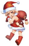  1girl ahoge bare_shoulders blonde_hair blush boots breasts carbon12th dodoco_(genshin_impact) dress full_body genshin_impact gloves hat highres jumpy_dumpty klee_(genshin_impact) looking_at_viewer low_twintails medium_hair open_mouth pointy_ears red_boots red_dress red_eyes red_gloves red_hat sack santa_costume santa_dress santa_hat sidelocks small_breasts smile solo twintails 
