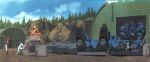  1girl alph_kamra assault_visor bloodhound_(gundam) blue_destiny_01 blue_hair character_request commentary_request dokite_tsukasa game_cg green_visor gundam gundam_08th_ms_team gundam_side_story:_the_blue_destiny highres maureen_kitamura mecha mecha_pilot_suit military_uniform military_vehicle mobile_suit motor_vehicle multiple_boys normal_suit_(gundam) official_art outdoors philip_hughes red_hair robot science_fiction short_hair standing summona_fulis tank tree yu_kajima 